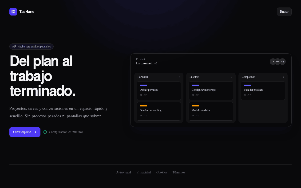 Captura de la página principal de Tasklane con el tablero de tareas organizado en columnas